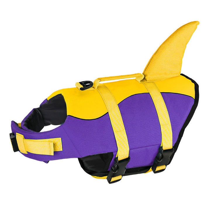 Purple and yellow FinFloat shark fin pet life jacket